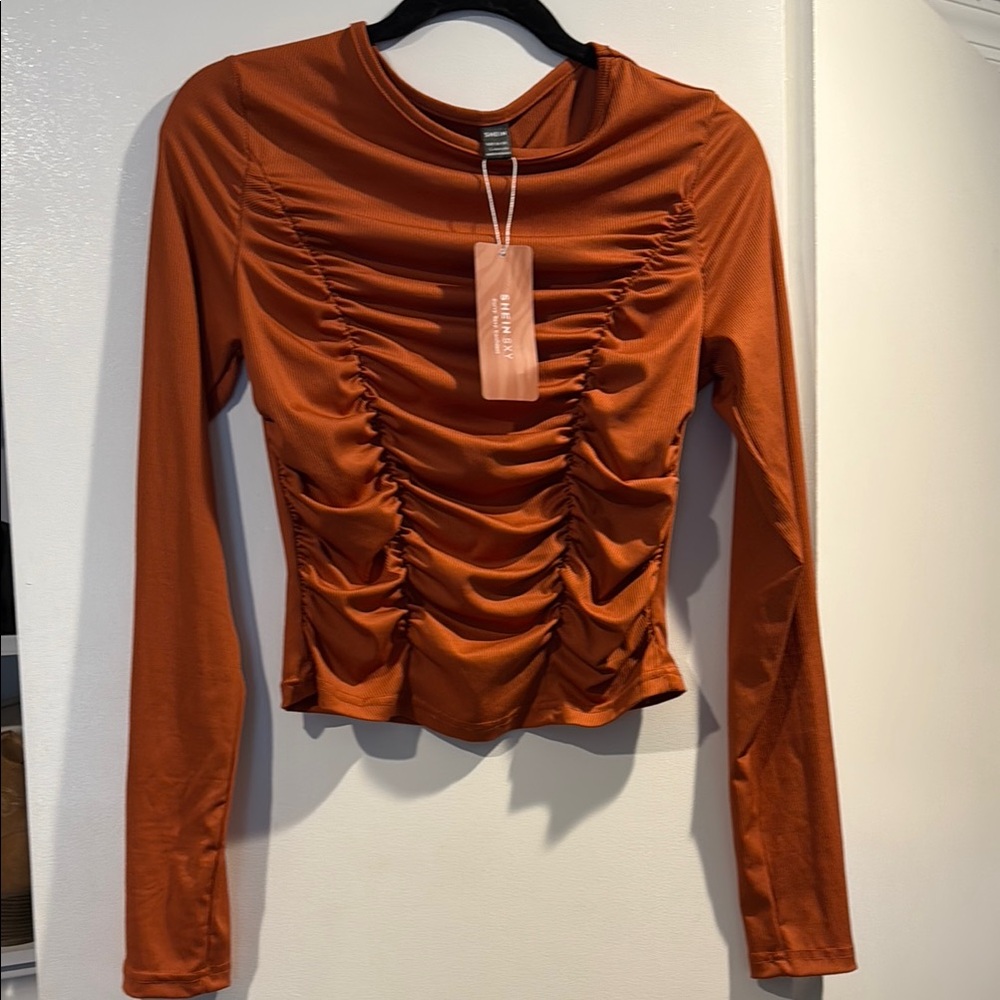 Orange Ruched Long Sleeve Top